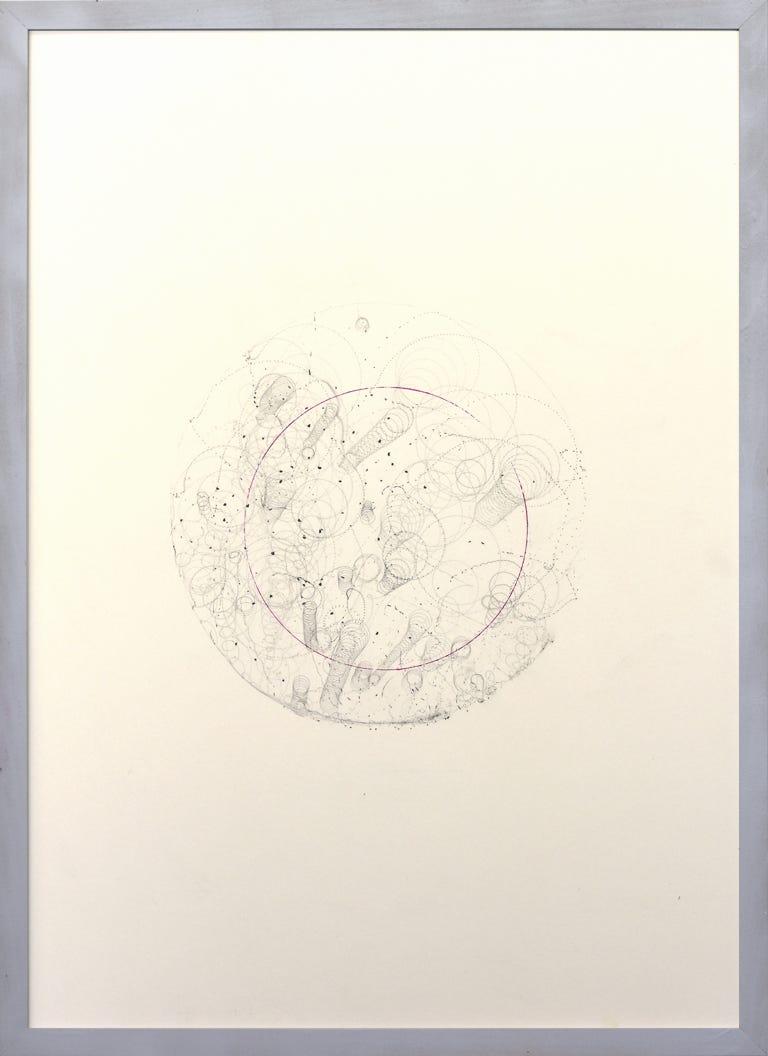 Ein Bild aus der Kreiselserie "fortell - forsee", Mischtechnik auf Papier, 2022, 72 x 52 cm