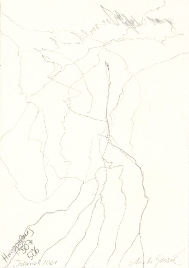Aus der Serie "O&fflig; the Road", 30 x 21 cm, Bleistift auf Papier, Island, 2021