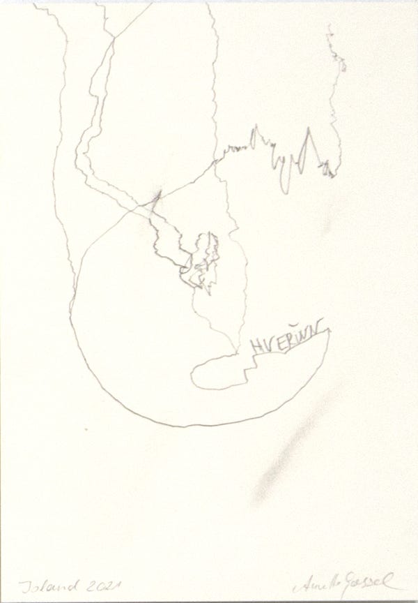 Aus der Serie "O&fflig; the Road", 30 x 21 cm, Bleistift auf Papier, Island, 2021