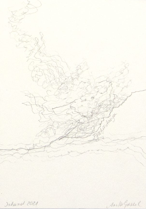 Aus der Serie "O&fflig; the Road", 30 x 21 cm, Bleistift auf Papier, Island, 2021