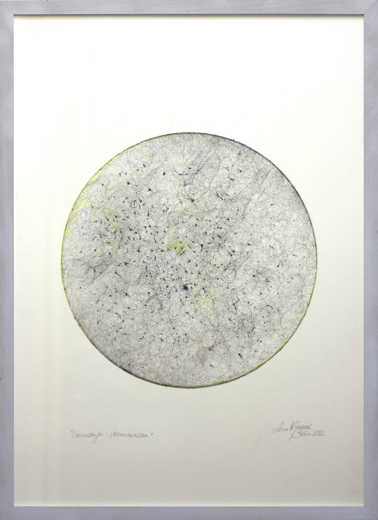 Ein Bild aus der Kreiselserie "fortell - forsee", Mischtechnik auf Papier, 2022, 72 x 52 cm
